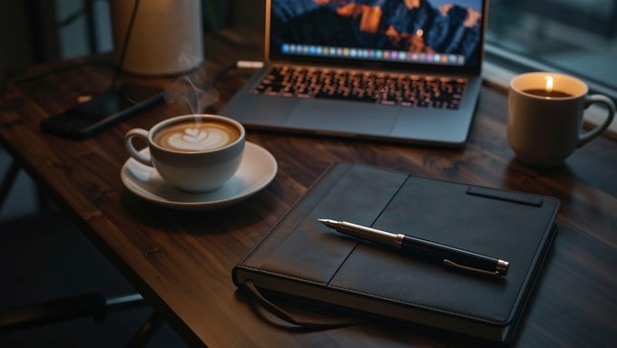 Morning coffee, leather journal, and a gold pen